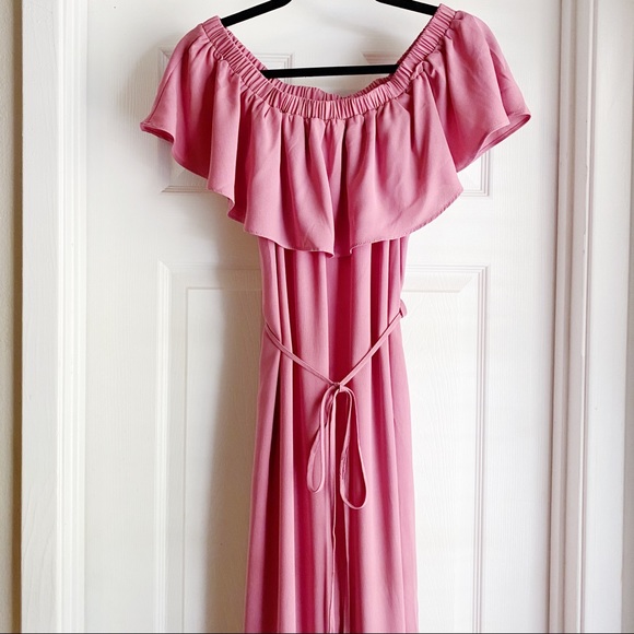 ONE LEFT Off Shoulder Ruffle Maxi Dress Pink Small - Picture 2 of 7